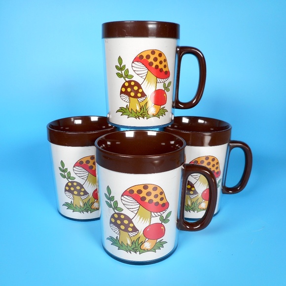 4 VTG 70s Thermo Serv Merry Mushroom Cups Mugs Set Sears w box & pamphlet - Picture 2 of 16
